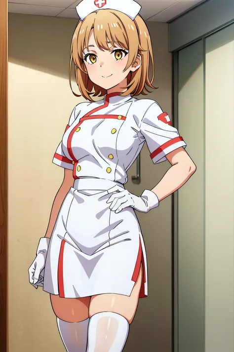 iroha, short hair, brown hair, yellow eyes, solo, nurse, ((white nurse cap, white nurse's outfit)), ((white legwear, zettai ryou...