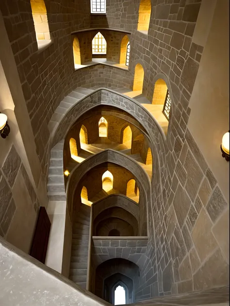 The Aalfed staircase in a stone building，There is a light at the end, Interior of the MC Escher building, inside castle, decadent spiral staircase, Intricate castle interior, MC Escher style building, located in a castle, Spiral staircase, Look down from t...