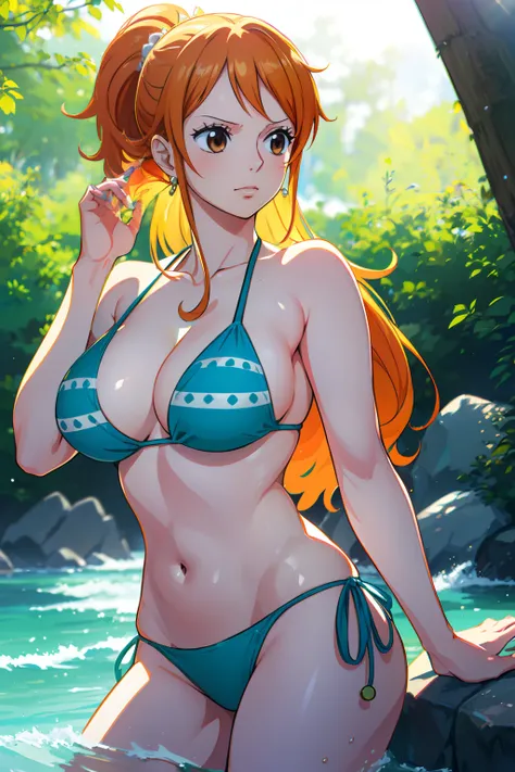 Nami from One Piece, long orange ponytail hair, beautiful brown eyes, blushing cheeks, wearing a vibrant bikini, enjoying a sunny day at a forest. The art style should resemble a captivating anime style.

For the image quality, please prioritize (best qual...