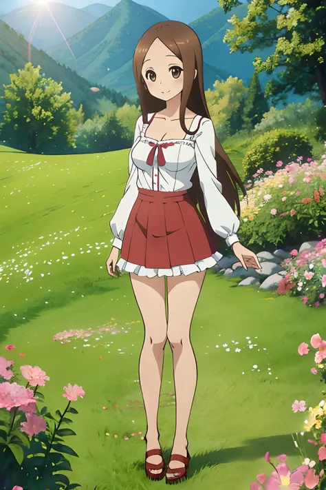 (Realistic),(Photorealistic),Takagi_San, 1girl in, Height 155 cm,Long hair, Brown hair, Part bangs, Brown eyes,（（German national costume））,（（white frills））,（red clothing）,large full breasts,cleavage of the breast,Forehead,Smile, Looking at Viewer,masutepie...