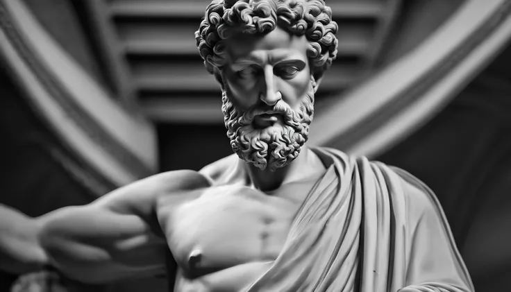 a portrait statue of the stoic Marcus Aurelius in black and white 4K, papel de parede super realista, corpo inteiro, corpo forte, musculoso, forte, sem camisa, tronco forte, forte, sem camisa, Strong arms turned on their backs