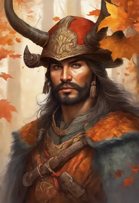 autumn forest scene with a man in samurai armor with fur around the neck and waist, wearing devil helmet, dusty detail ornaments, battle weary, man warrior, armor, epic, face scar, dnd character portrait, intricate, 8k resolution, dynamic lighting, hyperde...