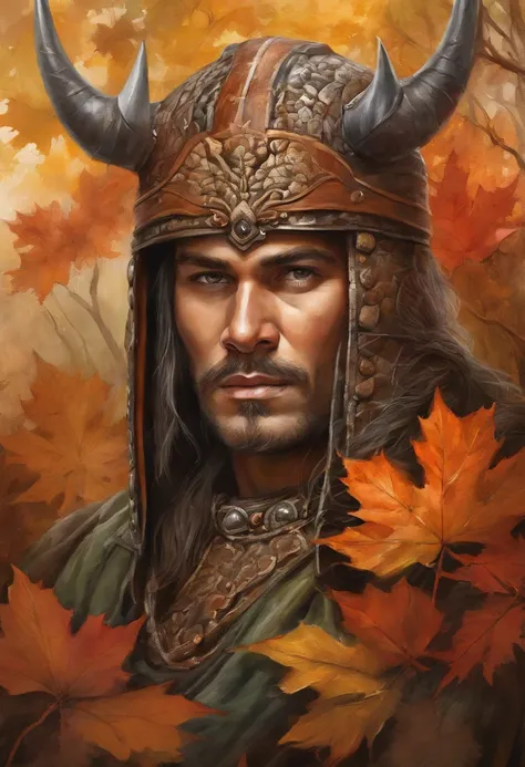 autumn forest scene with a man in samurai armor with fur around the neck and waist, wearing devil helmet, dusty detail ornaments, battle weary, man warrior, armor, epic, face scar, dnd character portrait, intricate, 8k resolution, dynamic lighting, hyperde...