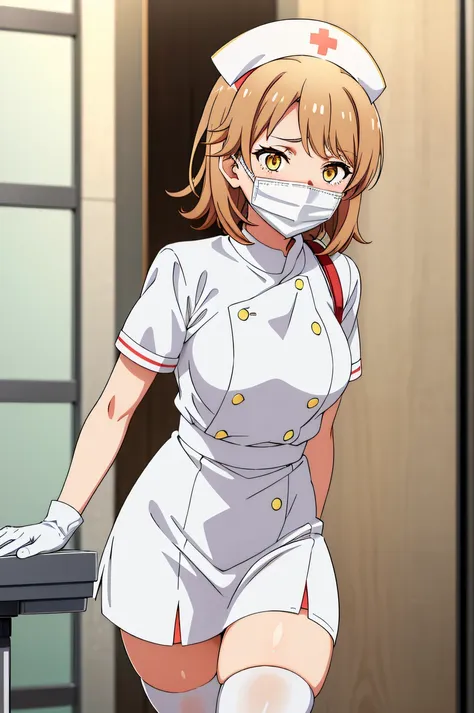 iroha, short hair, brown hair, yellow eyes, solo, nurse, ((white nurse cap, white nurse's outfit)), ((white legwear, zettai ryou...