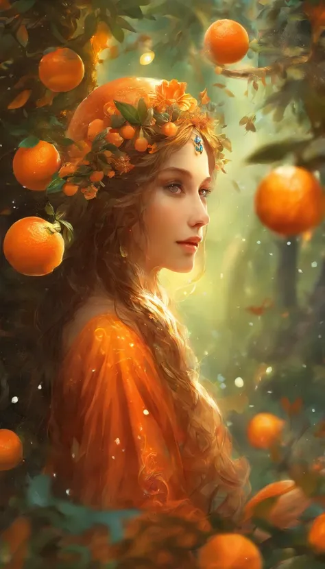 orange orchard, A large orange in a coniferous forest, glare, radiance, Fantasy, fairycore, High Resolution, image, nami from one piece, bar, (sexypose), (wet clothing), bokeh, Conceptual art, cinematic lighting, depth of field, retina, textured skin, high...