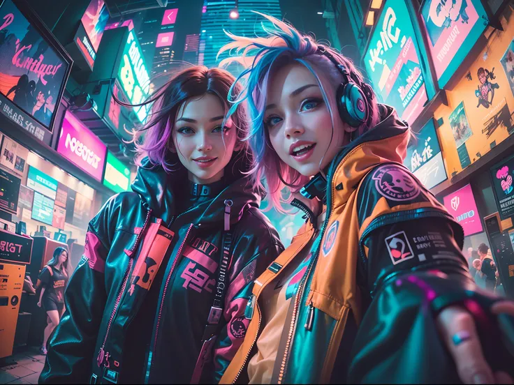 ((2 cyberpunk girls wearing colorful Harajuku style pop outfit)), (((fisheye lens))), cowboy shot, wind, messy hair, cyberpunk 2077 cityscape, (cyberpunk aesthetics and atmosphere:1.2), bright colors, smiling, ((cinematic lighting))