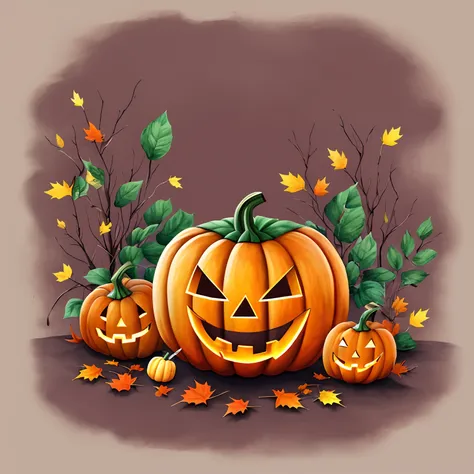 autumn   halloween funny pumpkin and twigs, berries and fruits, random coloring, cartoon style, 2d, planar vector,  t-shirt desi...