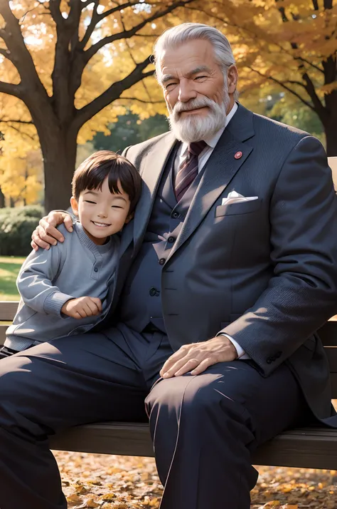 muscular old man sitting on bench in park with a little boy, happy, autumn, suits