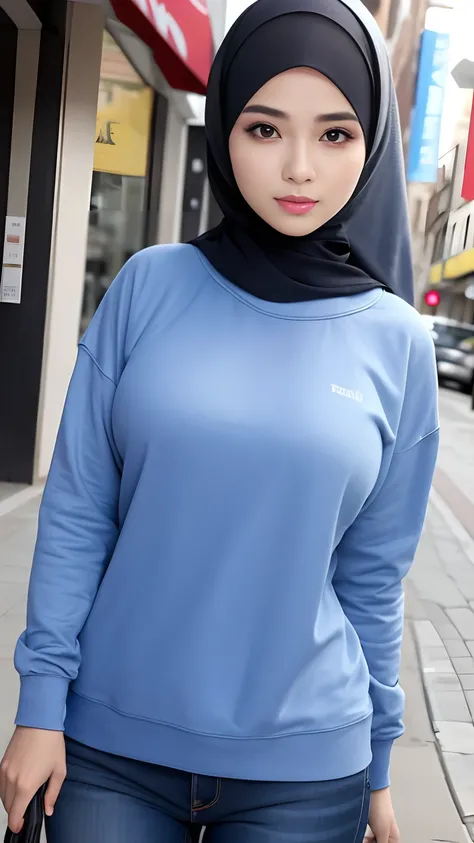 (Best quality, high resolution, masterpiece: 1.3), a beautiful malay woman in hijab, big breasts, slim figure, sweatshirt, beautifully presented details in the street and facial and skin texture, detailed eyes, double eyelids, big eyeschest visible, shirt ...