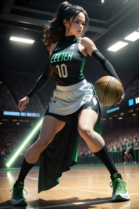 Darth Vader mujer playing basketball while showing her green Jordan 1 Boston Celtics shoes, (best quality,4k,8k,highres,masterpiece:1.2),ultra-detailed,realistic:1.37, vibrant colors, portraits, dark and dramatic lighting, foggy atmosphere, intense action,...