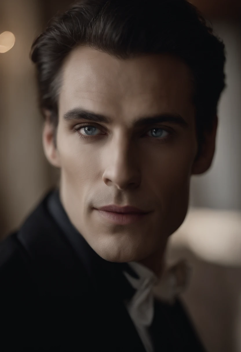 The leader of the vampires is an intriguing figure, appearing to be around 30 years old. His skin is pale, in a hypnotic contrast with his short, straight hair, which is the deepest shade of black. His eyes are a clear and crystalline blue, almost hypnotic...