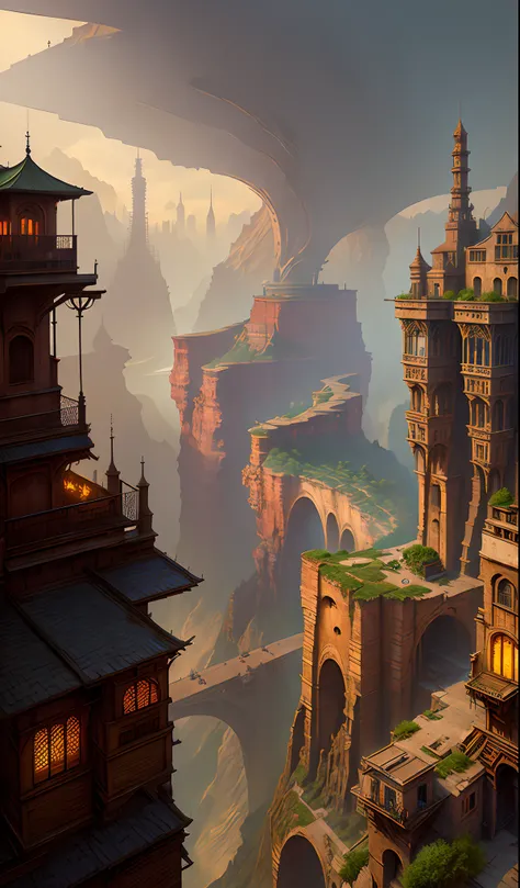 ((masterpiece)),((best quality)),((high detial)),((realistic,)) Industrial age city, deep canyons in the middle, architectural streets, bazaars, Bridges, rainy days, steampunk, European architecture