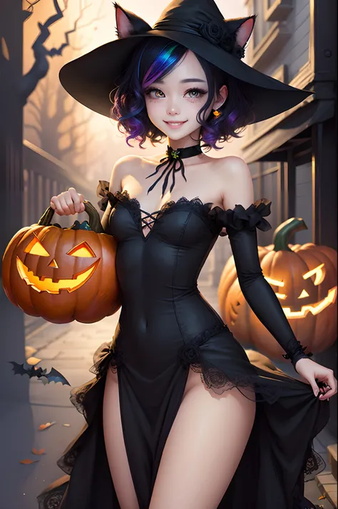 ​masterpiece、Halloween、Halloween Costumes、((top-quality))、(((super detailing)))、(hight resolution)、hight resolution、4K、8K、top-quality、beautiful countenance、face perfect、Perfect style、Beautiful fece、illustratio、Anime style、full bodyesbian、cute little、A char...