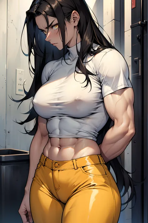 1girl, extremely long hair, solo, ((muscular)), veins, black hair, yellow eyes, blushing, thick thighs, pale skin, strong, veins, abs, big thighs, huge breasts, navel, standing, angry, tight pants, tight shirt