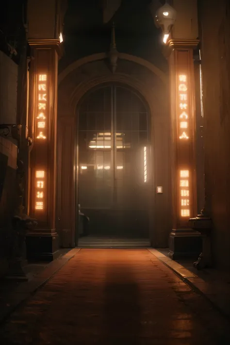 a dimly lit hallway leading to a red carpet building, Motor irreal. retro film still, Motor irreal. filme ainda, hdr render in unreal engine 5, unreal engine 5 lighting, cinematic atmospheric lighting, Unreal engine 5 dramatic render, detailed cinematic sh...