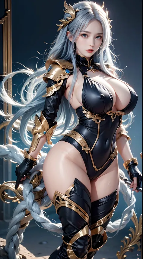 Silver Dragon Queen,  Hand-held dragon spearman pose，huge boob, Mecha heavy armor, cleanness，transparent，hyaline， standing, Transparent，cleanness， (musculous:1.4), （Naked of breast：1.9），Exposes most of the breasts，muscle abs，Lace，Wear only light yarn