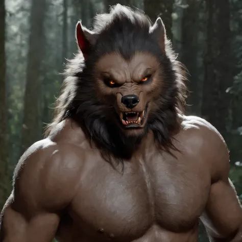 (Professional 3D rendering:1.3) de (Realistic:1.3) foto de arte mais bonita do mundo, Gross characteristics, lobisomem masculino, ((epic werewolf strong rough fantasy, lobisomem olhar zangado cabelo longo, Pointy ear and fierce expression in dynamic pose, ...