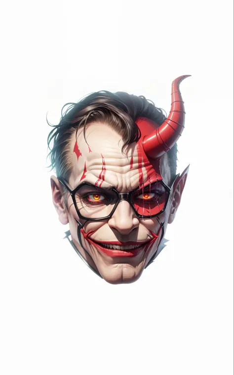 "The demonic character of the Joker in Bill Gates, The character walks Holding a cane the color of gold ,Un sourire sinistre, Very well made body, larmes de sang, in the background several clown masks floating from different angles, Playing card floating i...