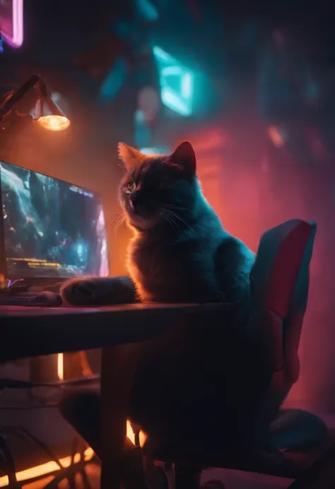 gaming background a boy 18 years old ,neon,8k,computer,a cat sit a table