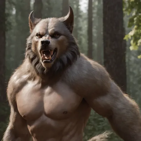 (Professional 3D rendering:1.3) de (Realistic:1.3) foto de arte mais bonita do mundo, Gross characteristics, lobisomem masculino, ((Werewolf epic strong raw fantasy, lobisomem olhar zangado cabelo longo, Pointy ear and fierce expression in dynamic pose, Ol...