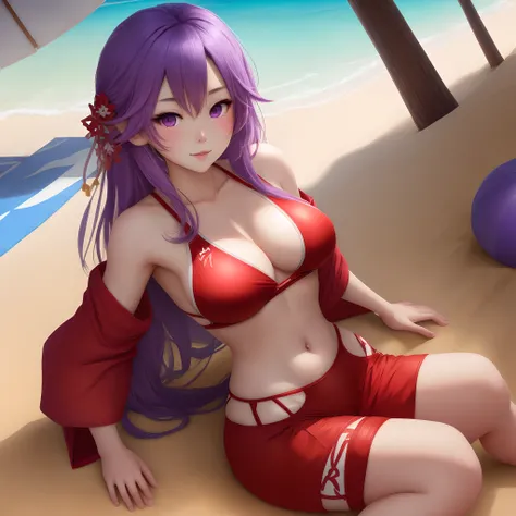 {yae miko}, {red swimsuit}, {midriff}, medium breasts, {1girl), purple eyes, {looking at viewer}, facing viewer, beach