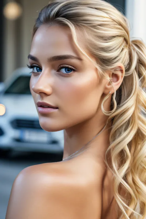 8k, ultra fine detailed hd, side view, portait photo, side pose, 1woman 24 years old light blonde curly hair tied, hair tied from back, ultra hd, detailed skin, porous skin texture, stunning beautiful face, realistic face, imperfect nose, sharpness:1.3, lo...