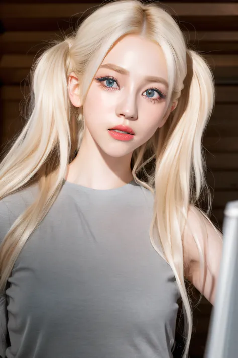 (8k, 4k, best quality, highres, ultra high res:1.1), (masterpiece, realistic, photo-realistic:1.1), 1girl,  face, close-up, twintails, blonde hair, black eyes, red lips,  (looking at viewer:2), absurdly long hair, long eyelashes, eyeshadow,  small face, bi...