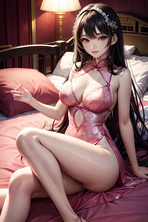 Asian woman in pink dress sitting on bed, Wearing sexy lingerie, beautiful Korean women, Sexy :8, gorgeous chinese models, Translucent dress, sexy gown, Gorgeous young Korean woman, Korean girl, Sexy dress, Beautiful Asian girl, full - length view, Open V ...