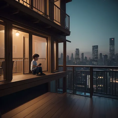 ((a child sitting passively)) and observing on a wooden (balcony of his house) (in a city), where [many buildings can be seen in the background] At night, realistic, photography, cinematic, dramatic camera, masterpiece, ultra high, epic, Intricate, Dramati...