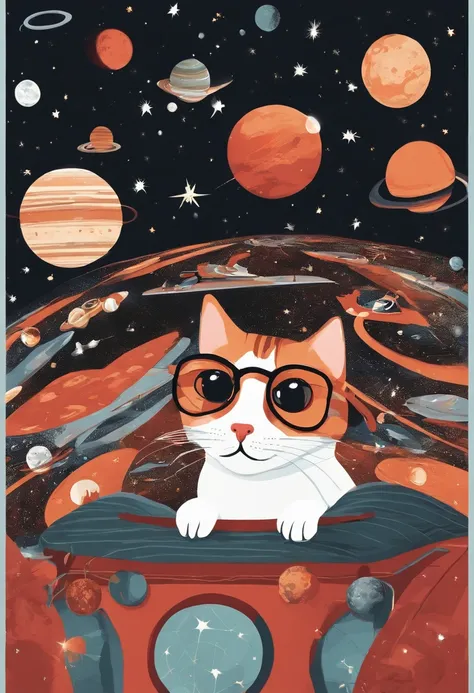 British illustrator Martin Handford-style illustration Find Wally Various planets and meteors on a space background 
In transcendent space art, out of a group of 300 different cat characters, a cat in a red striped shirt, bespectacles and a Santa hat hides...