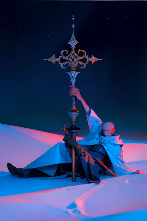 A painting of a two ornamental swords, laying in the snow, no humans, no people, winter, eerie night time light, dark sky.