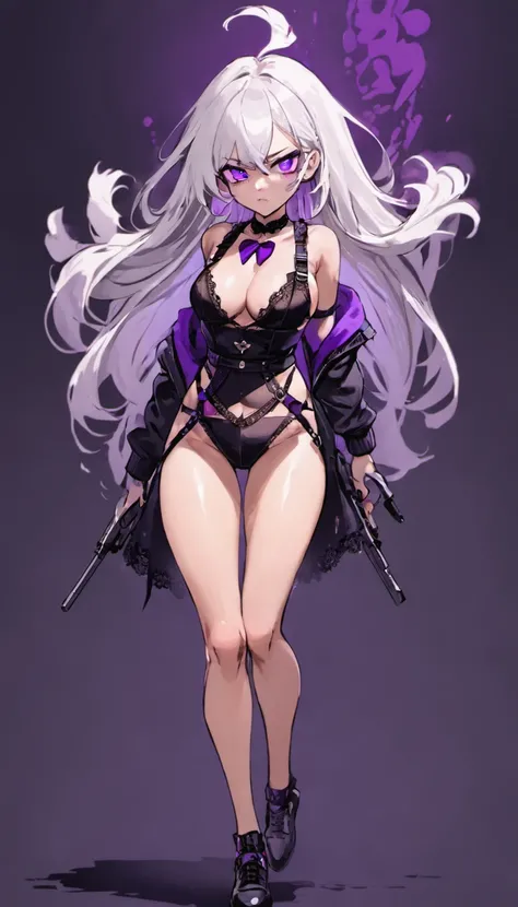 Beautiful agent with a pistol，Long hair and waist，white color hair，Purple eye，Black lace suspenders，Quiet girl，Standing painting，full bodyesbian，No background，head to toe，standing on your feet