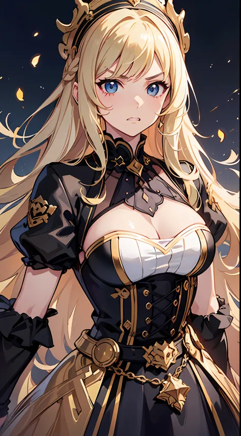 1girl，(Long fluffy blonde hair:1.6)，black dress，mature female，Rich and noble families，all body，In the villa，clenched teeth, frown, v-shaped eyebrows, grimace, scowl，Time is at night，looking at the viewer，Ultra-detailed CG，exquisite facial features，Clear fa...