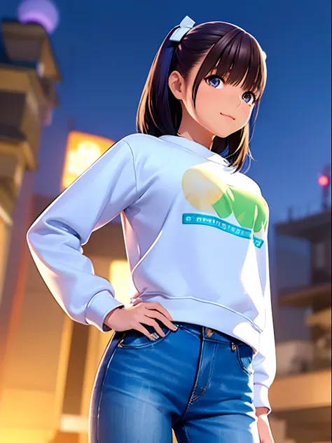 hight resolution,8K,Best Quality,detaileds,semi - realistic anime,Anime 3D Style,Smooth Anime CG,1 girl in,20 year old woman in Japan,slim,modeled,shiny chestnut hair,Medium Hair,Detailed face,Beautiful and detailed eyes,Glowing skin,(Blue Oversized Sweats...