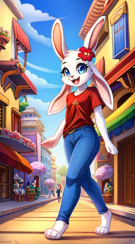 fantasy style art, cute, adorable, attractive, fluffy female white bunny with blue eyes, attractive figure, skinny and shapely body, fully clothed, chaste, 4 ears, 2 extra ears, big floppy ears, long ears, ears perked up, raised ears, long eyelashes, red t...