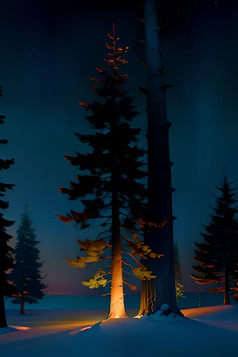 A painting of a beam of light over a single pine tree, winter, night time light, black sky with stars.