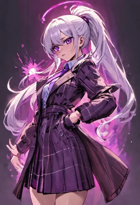 Beautiful agent with a pistol，Long hair tied in a ponytail on the side，white color hair，Purple eye，Shirt plaid skirt tie，Long trench coat，Take a gun，Good girl，agent，Standing painting，full bodyesbian