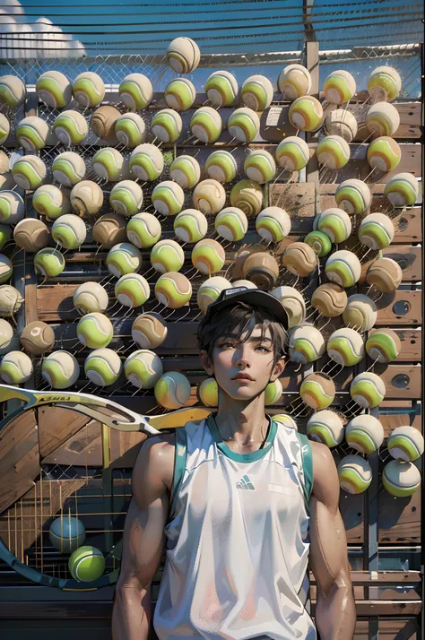 35mm camera lens，cool guy，athlete，tennis ball，tennis racket，detailedbackground，asian games，true skin texture，smudge，accurate fac...