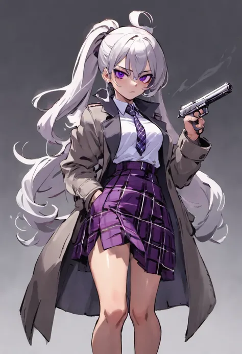 Beautiful agent with a pistol，Long hair tied in a ponytail on the side，white color hair，Purple eye，White shirt，Gray plaid skirt，grey necktie，Long trench coat，Take a gun，Good girl，agent，Standing painting，full bodyesbian