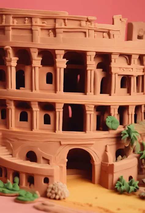 Rome coliseum, clay material, cartoonish design style, POP Mart, soft lighting, smooth lines, Tilt-Shift Lenses, Hyper-realistic details, warm color