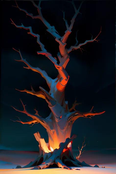 A painting of a tree stump, with blood, winter, eerie night time light, dark sky.