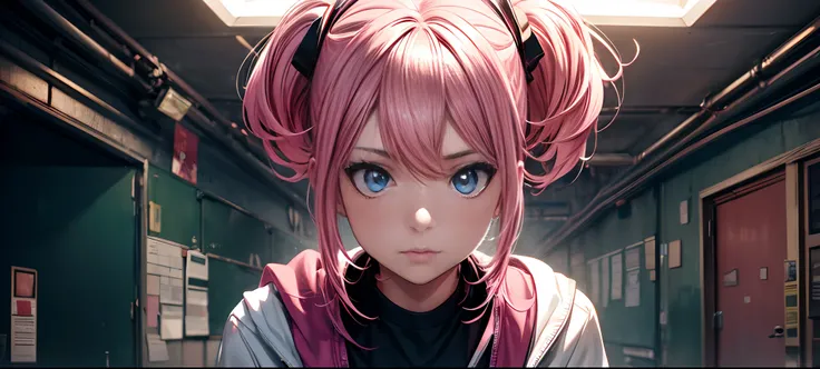 1girl, with pink hair, looking to viewers, close-up, hyper realistic, ultra resolution, school clothes, glowing light and eyes, twins ponytails,