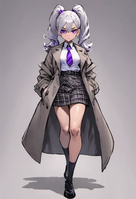 Beautiful agent with a pistol，Long hair tied in a ponytail on the side，white color hair，Purple eye，White shirt，Gray plaid skirt，grey necktie，Long trench coat，Socks to thighs，Small black leather shoes，Full body standing painting，Take a gun，Good girl，agent，S...