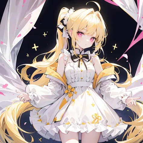 Light yellow hair，Only a ponytail is tied，Lolita clothes with pale yellow and white，Pale pink pupils，She is a sweet girl with a very soft and cute voice，It is called Yaojin Fawn