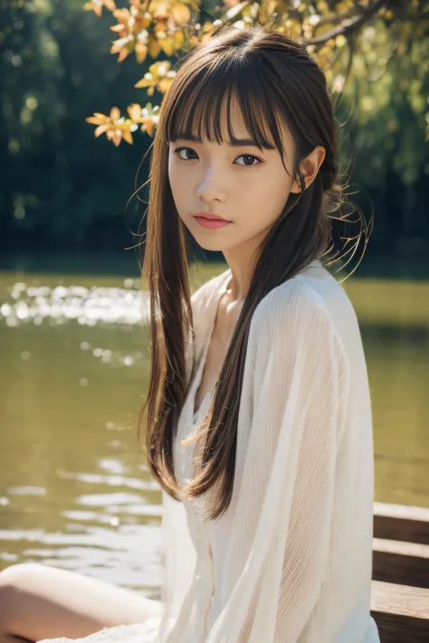 (((​masterpiece))), top-quality, Extremely detailed, Detailed background, 18mm wide lens, long shot, A bench by a quiet lake in the forest, sitting, Very beautiful girl, japanese, 12 yo,  Detailed face, bangs, (Full body:1.3), (random hairstyles :1.2), (Yo...