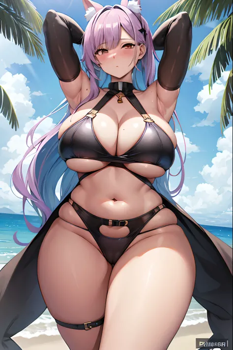 Chica de anime con grandes abucheos posando en la playa en bikini, swimsuit, Thicc, OPPAI, seductora chica de anime, small curvy loli, is wearing a swimsuit, en la playa, Ahegao, en la playa, Proporciones OPPAI, Bikini realista, en una playa, [ Arte digita...