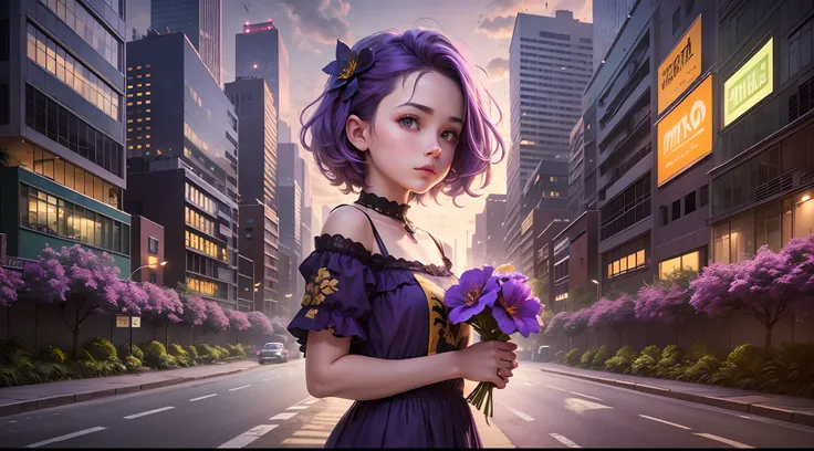 A metropolis that is lively at night，There is a conspicuous purple hibiscus flower on the side of the road，A young girl with purple hair stands in the middle of the road，Holding a purple hibiscus flower in his hand