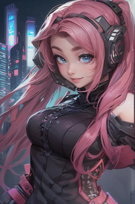 ((Sexy and beautiful female ninja)), ((22-year-old beauty)), ((beautiful and cool smile)), ((colorful long hair)), ((pink and black outfit) ), (( Rich bust)), ((gradient eyes)), ((background is a cyberpunk city)), fascinating makeup, single view, NFFSW, UH...