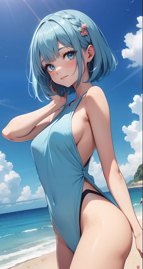 Official art、Top quality ultra-detailed CG art、a beauty girl：１.２）、blue hairs、Glossy hair、smooth hair、large blue eyes,Mid summer、kawaii、The sky is beautiful、Cute、bob cuts、sports wear、Smooth clothes、ssmile、It features a simple、Naked、