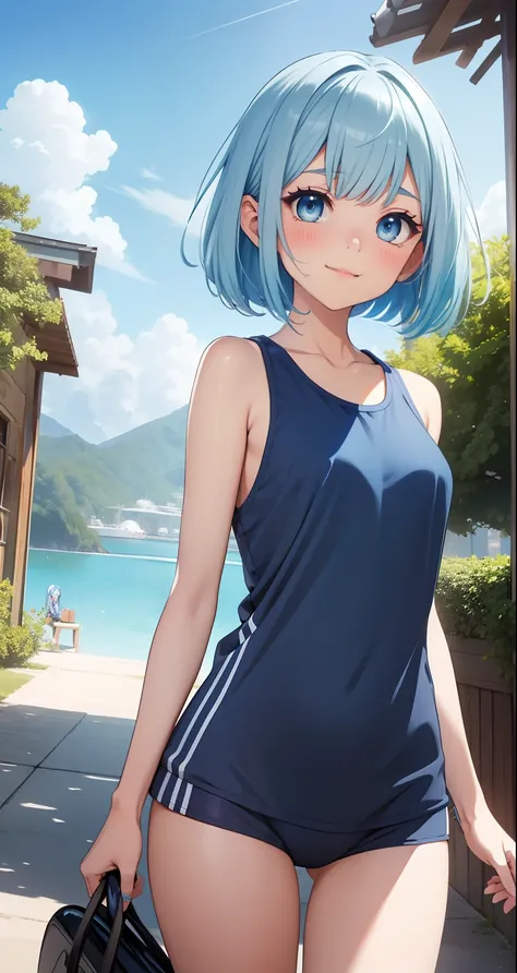 Official art、Top quality ultra-detailed CG art、a beauty girl：１.２）、blue hairs、Glossy hair、smooth hair、large blue eyes,Mid summer、kawaii、The sky is beautiful、Cute、bob cuts、sports wear、Smooth clothes、ssmile、It features a simple、Naked、